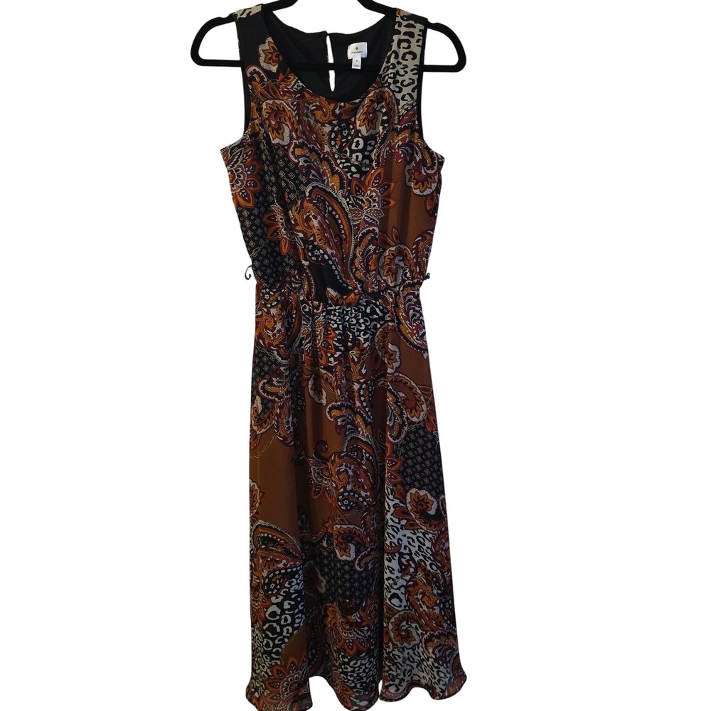 Dressbarn Womens Sleeveless Paisley Leopard Mixed Print Midi Dress Size 6 Rust